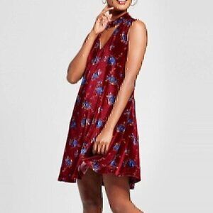 XHILARATION O-Ring Velvet Shift Dress Burgundy Maroon Red Floral Choker Cutout M